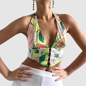 AFRM | Pink & green floral backless Ramona halter tropical crop top | Size S
